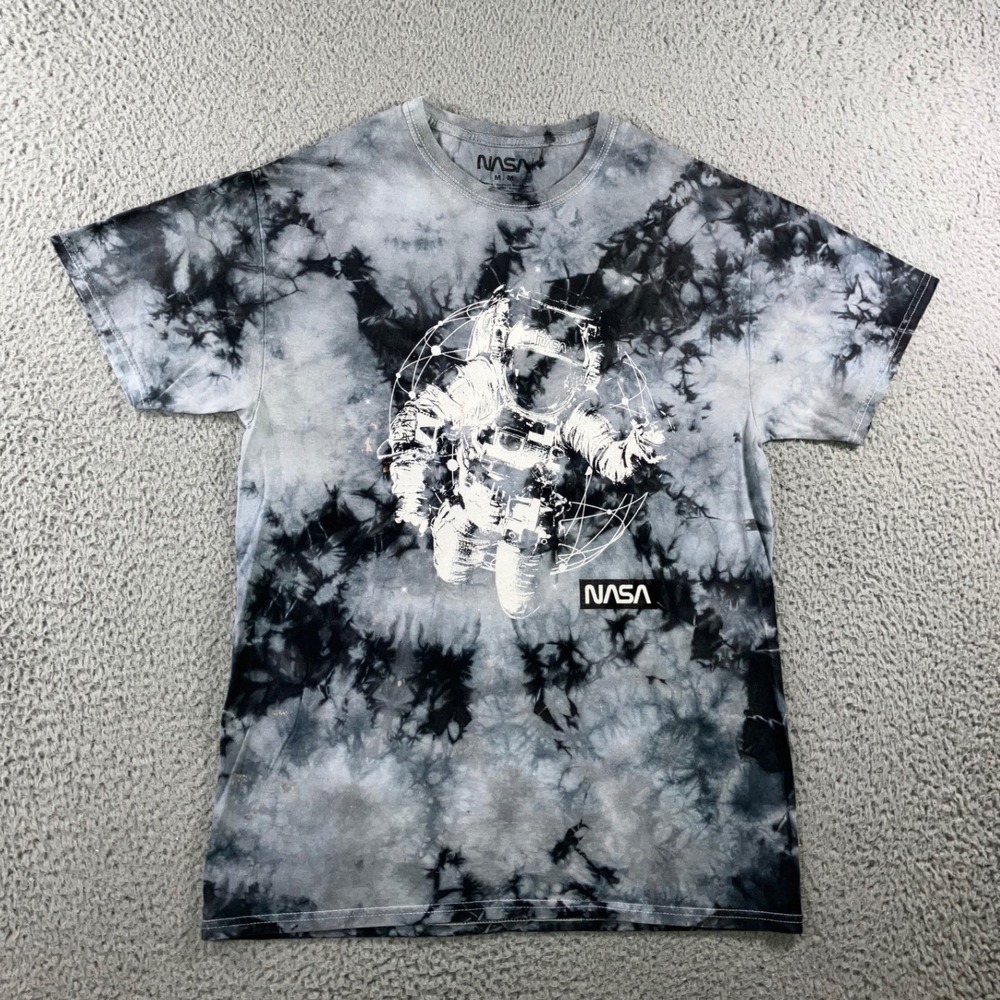 NASA Graphic T-Shirt Men M Black White Tie Dye Astronaut S/S Monochrome Grunge